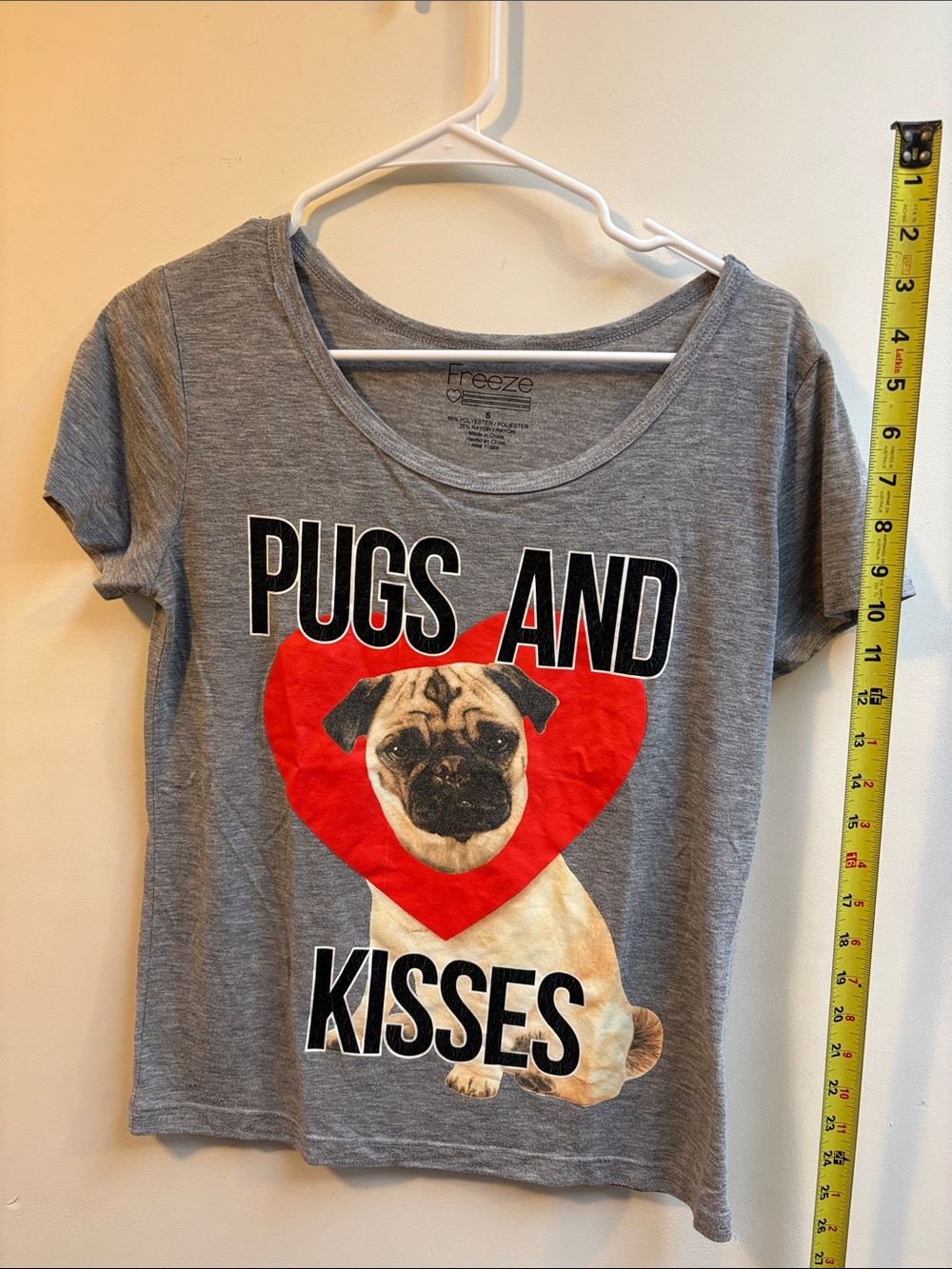 Pugs and Kisses Gray Graphic Tee with Red Heart